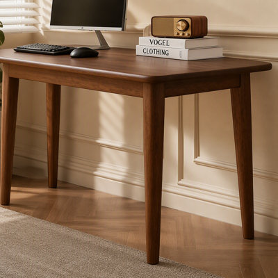 Solid Wooden Desk,55.1*19.7inch Desk ,Rubberwood Mid Century Modern Desks, Small Writing Desk for BedroomSmall Spaces,Walnut Color