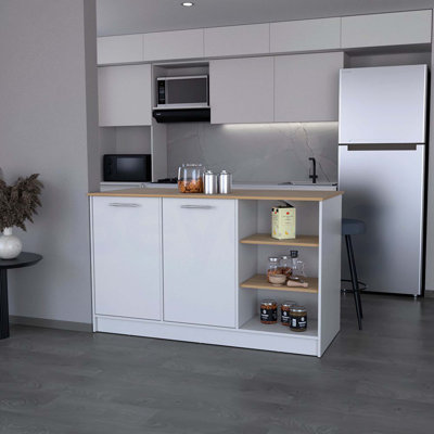 Ginger Kitchen Island, Three Open Shelves, Two Cabinets Doors With Interior Storage Option, Floorstanding Island, Kitchen Organizer And Decor by Freeport Park