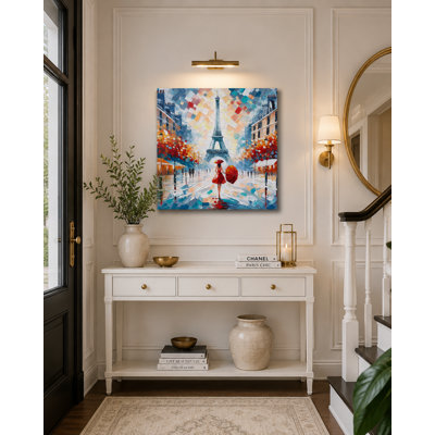 " Textured Oil Painting Of Eiffel Tower And Strolling Lady With Red Umbrella "
