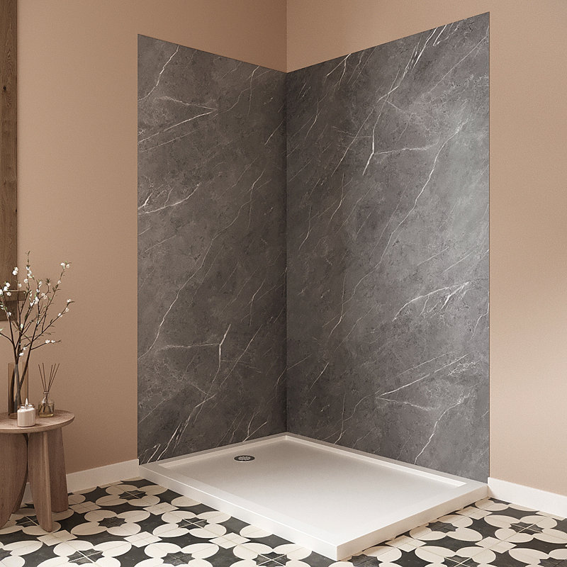 Streamline DSH-1300-130 36 in. L x 48 in. W x 76 in. H 2-Piece Glue-Up Corner Shower Surround in Grey Marble Finish