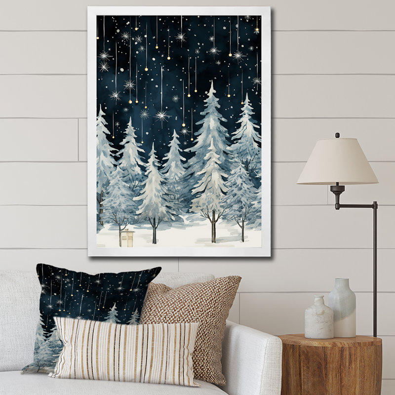 «Winter Pine Tree Starry Night Sky I», reproduction sur toile encadrée, Cadre photo blanc, H 32 po x l 16 po x P 1 po