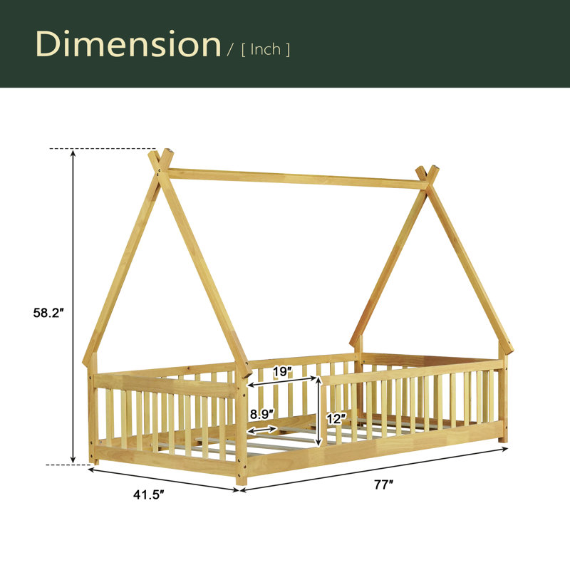 Tent-Shaped Floor Bed,Teepee Bed With Guardrails,Slats, Natural, Twin