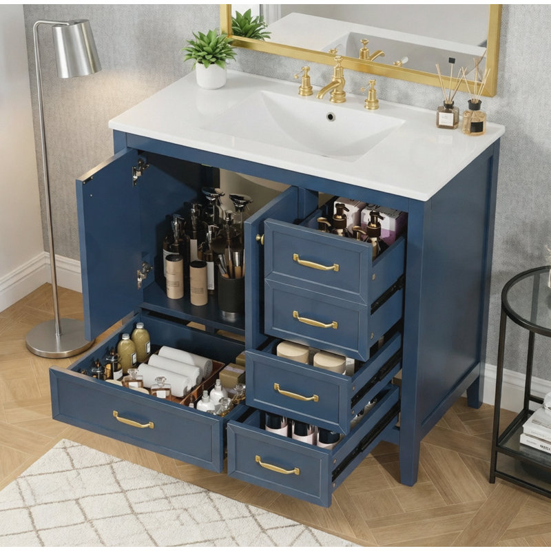 Bathroom Cabinet with Soft-Closing Door, 4 Drawers, Blue