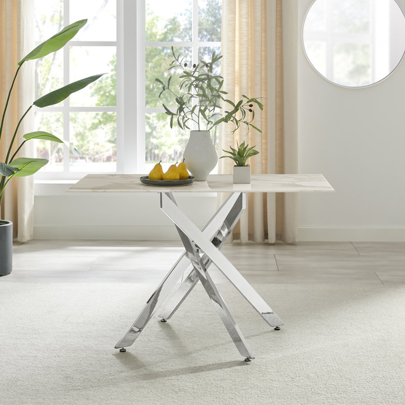 Lenworth Luxury Marble Effect Glass 4 Seater Dining Table - Modern Statement Design, Silver, White