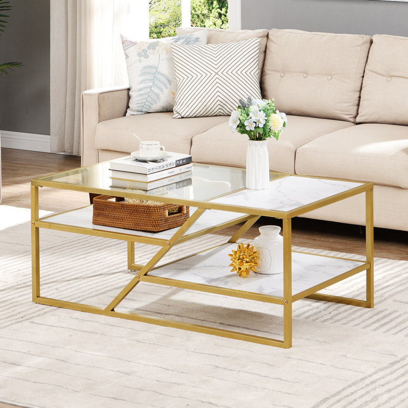 Table basse Alekya, H 17,94 po x L 43,34 po x l 21,68 po, Blanc, Or