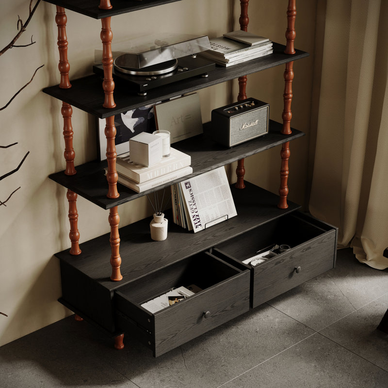 Bibliothèque avec bibliothèque et bibliothèque en bois de 74,4 pouces de hauteur, étagères et tiroirs de rangement noirs à 5 niveaux, tablettes modernes autoportantes en placage de bois massif, salon, salle d'étude, cuisine