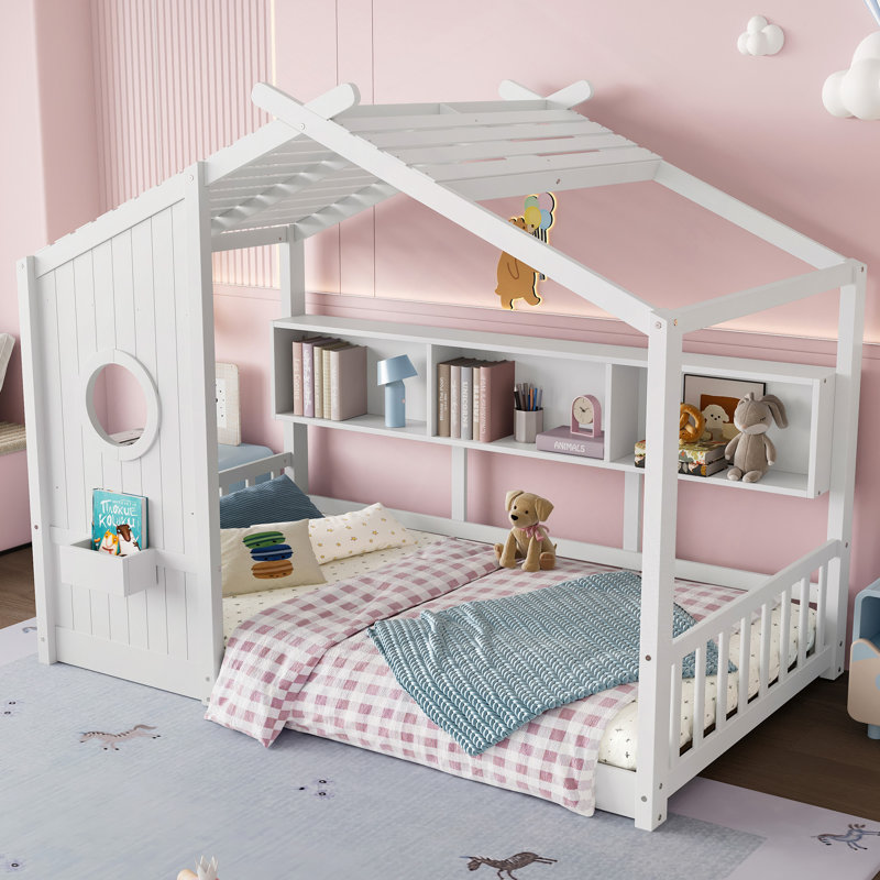 Lit sur pied pour enfant, lit Montessori avec tablette de rangement, lit de jeu avec toit, Lit simple, Blanc