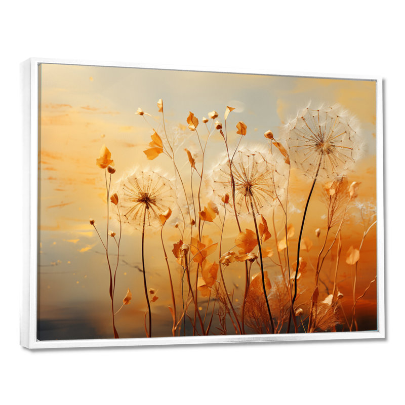 «Orange Dandelion Dreams I», reproduction d'art sur toile encadrée, H 24 po x l 32 po, Cadre flottant blanc