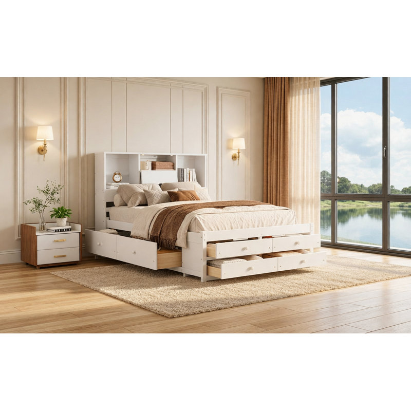 Lit plateforme avec tête de lit et tiroirs de rangement, Blanc, Grand lit