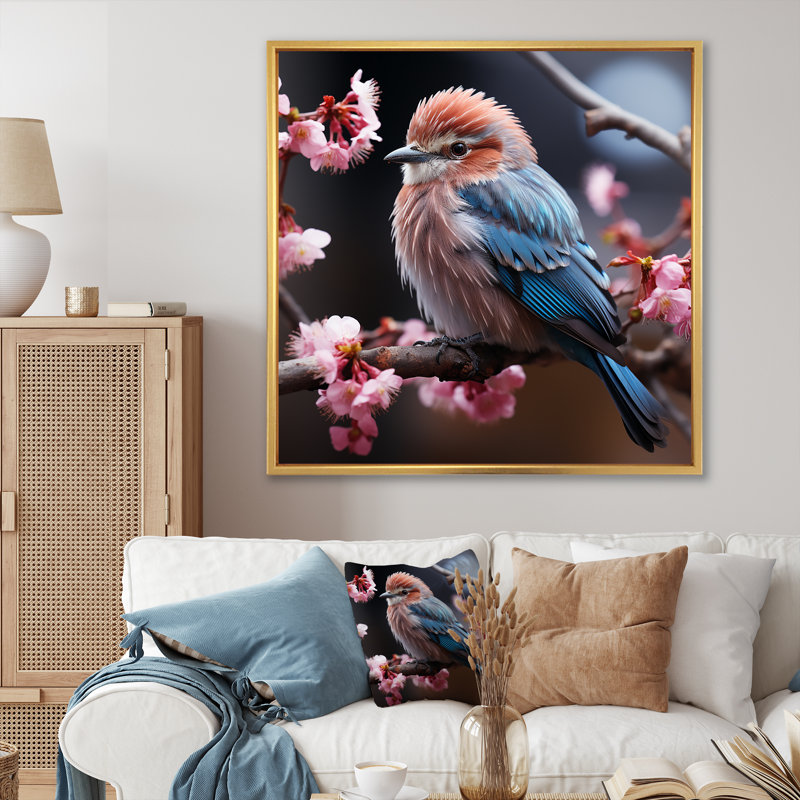 «Pink Bird In Winter Charm I», art mural oiseau, Cadre flottant doré, 30" H x 30" W