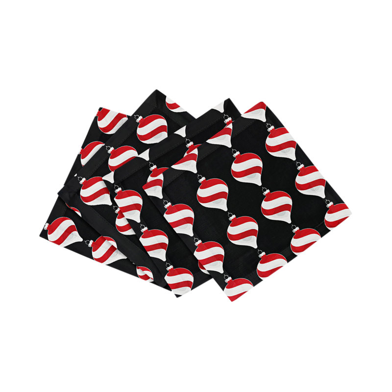 Xmas Ornament Cotton Sateen Cocktail Napkins, Black