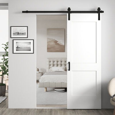 30"x84" Flat 2-Panel Smooth White Primed Solid Core Sliding Barn Door With Installation Hardware Kit (Door Slab Pre-assembled）