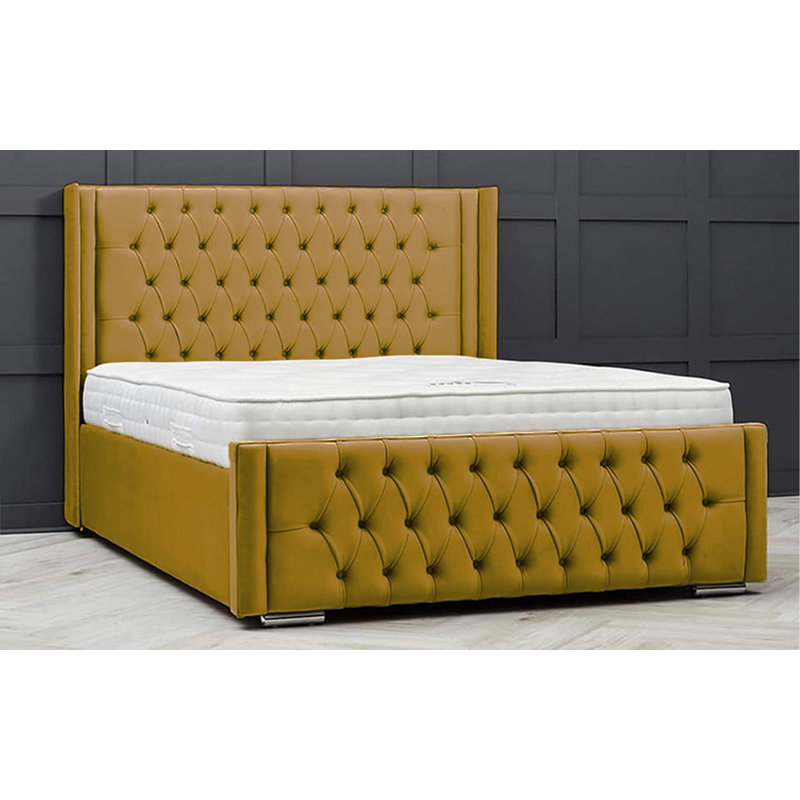 Lucio Velvet Upholstered Bed Frame - Curved Headboard, Sprung Slatted Base, Mustard, Super King (6')