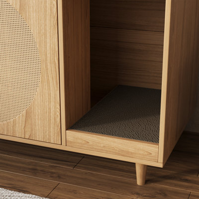 Armoire pour chat Mid-Century moderne avec portes en rotin et patin à griffer