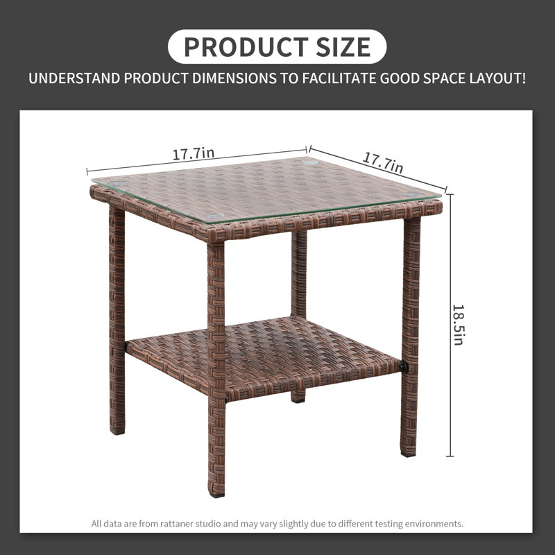Lavara Outdoor Wicker Side Table Patio Coffee Table Glass Top 2-layer End Square Table, Brown