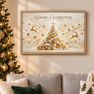 Arbre doré avec renne et cadeaux, art mural sur toile de Noël