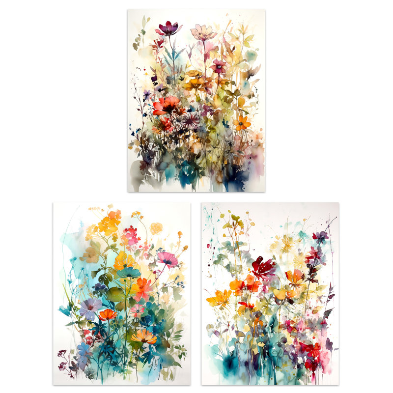 Wildflowers Colourful Floral Artworks Flower - 3 Piece No Frame Print Set, 29.7cm H x 21cm W x 0.4cm D