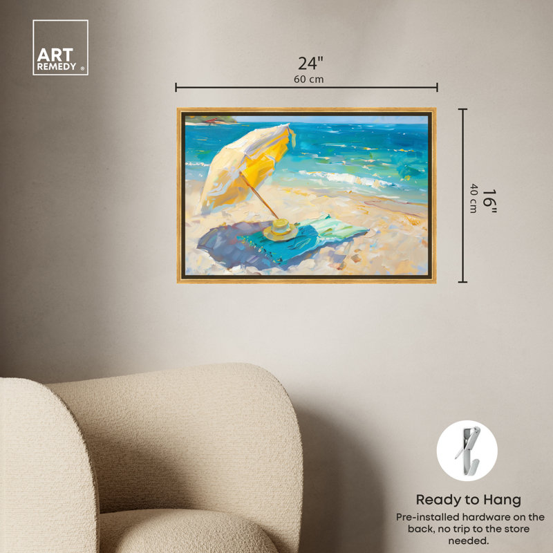 Morning Beach View Colorful Coastal Canvas Wall Art with Gold Frame