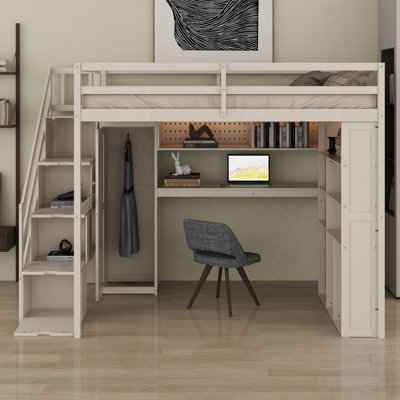 Loft Bed Frame With Built-In Wardrobe, Study Desk, Storage Shelves