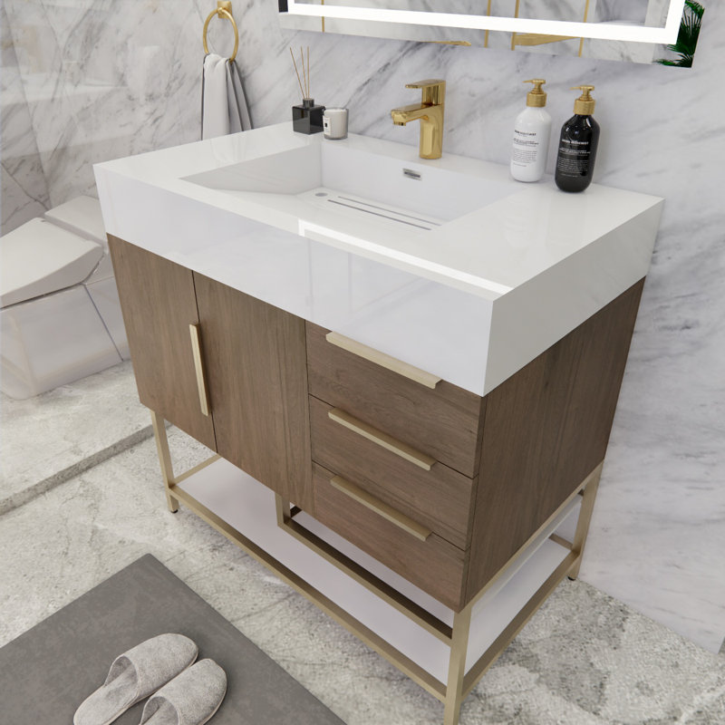 Ensemble de meuble-lavabo simple 36 po Glasgow, Blanc brillant, Chêne clair