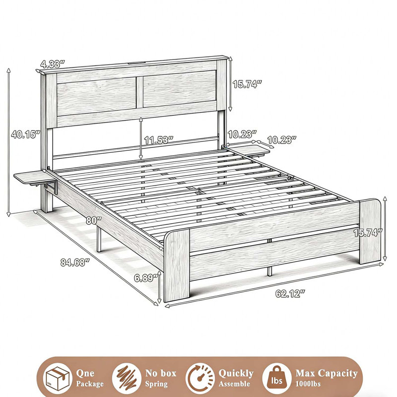 Lit plateforme avec tablette de rangement Farmhouse, Grand lit