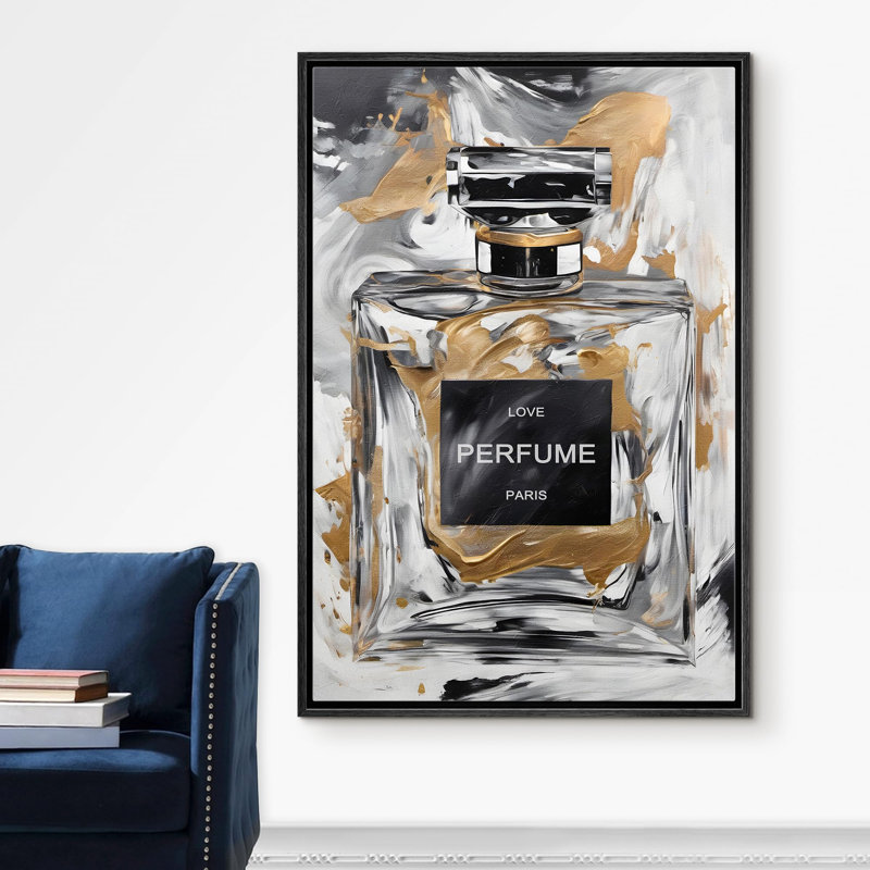 «Modern Abstract Love Perfume Bottle Chic Gold and Black Fashion Modern Art» sur, Noir, H 24 po x l 16 po