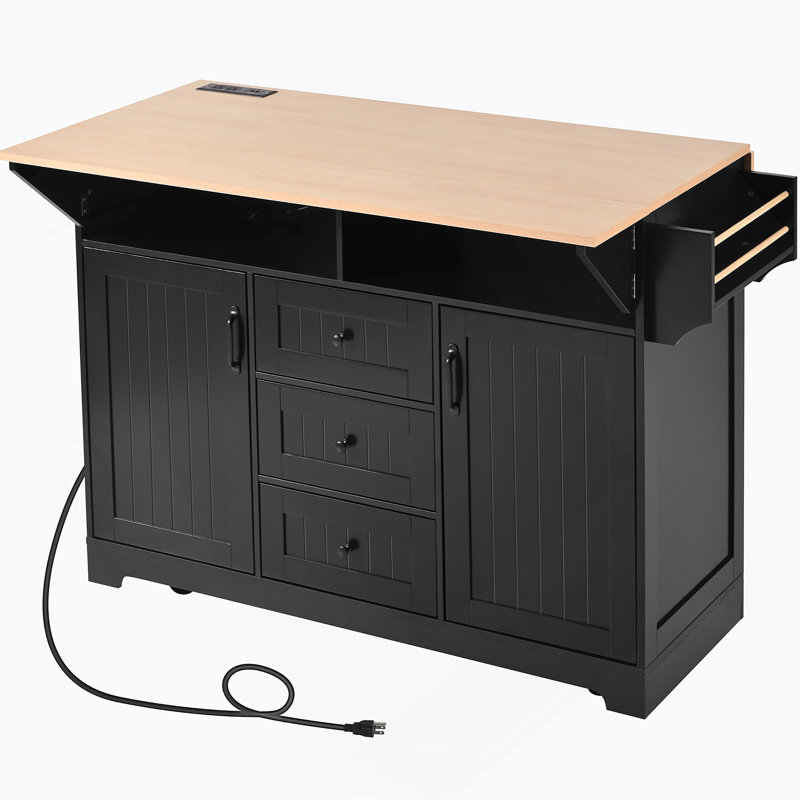 55.7'' Large Kitchen Island With 2 Drop Leaf,, Rolling Kitchen Cart On 5 Wheels With Power Outlet, Folding Storage Dining Table With Spice & Towel Rack , 3 Drawers, For Kitchen, Dining Room,Black