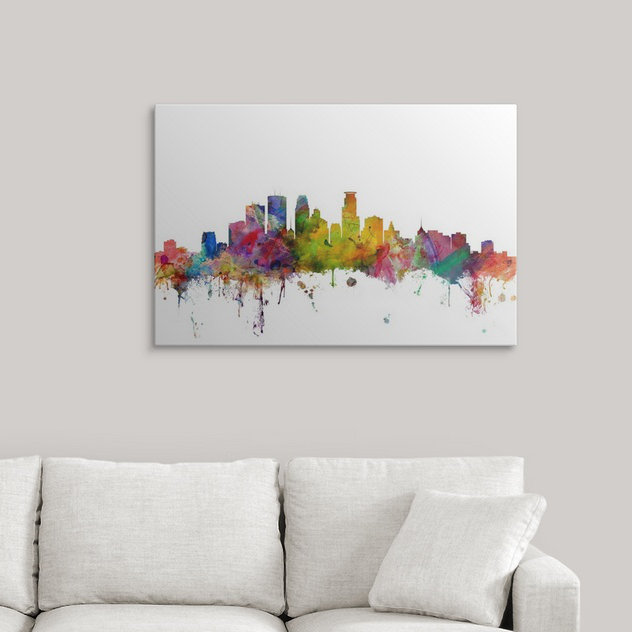 «Francy Minneapolis Minnesota Skyline» par Micheal Tompsett - reproduction, H 24 po x l 36 po x P 1,5 po, Toile