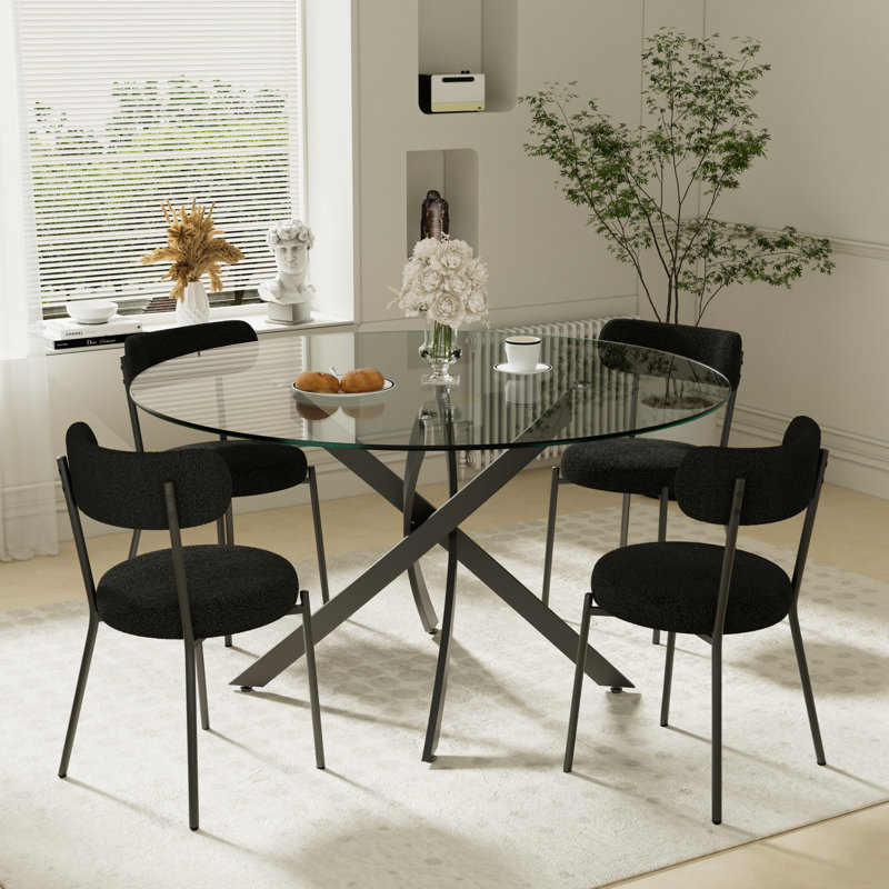 5-Piece Round Glass Dining Table Set, 29.5”H x 47.2”L x 47.2”W, Black