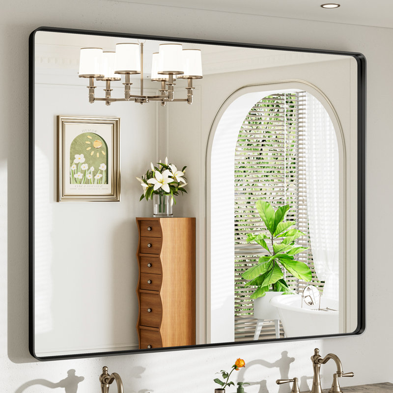 Miroir de salle de bain mural Llesenia, 48 po x 40 po, Noir mat, Rectangulaire