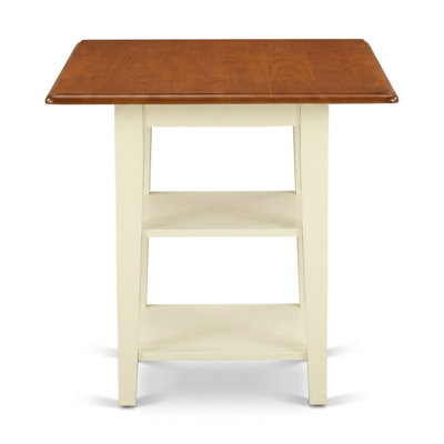 Ensemble table et chaises de cuisine 3 pièces en bois d'hévéa finition cerisier babeurre, style asiatique, avec abattants ronds, 2 chaises et 2 étagères.