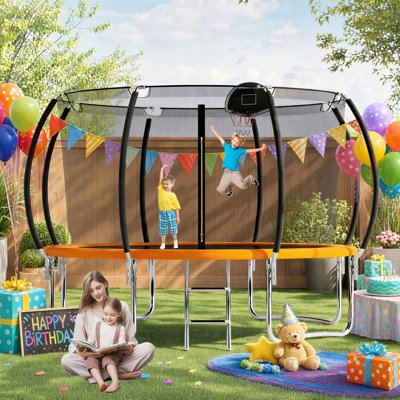 Trampoline rond de 12 pi avec enceinte sécuritaire, panier de basketball, échelle et coussin de sécurité épais - parfait pour le plaisir en famille dans la cour