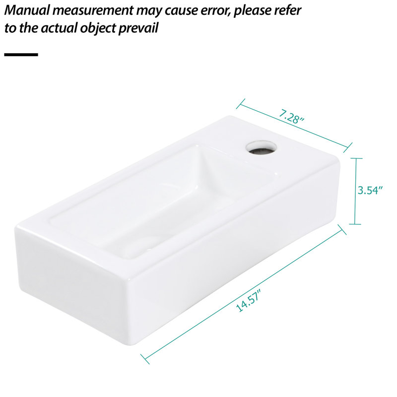 White Rectangular Ceramic Sink - Wall Mount, 14.34X7.07 Inch, Stain , Faucet Hole Available Bathroom Mounted White, Rectangular,
