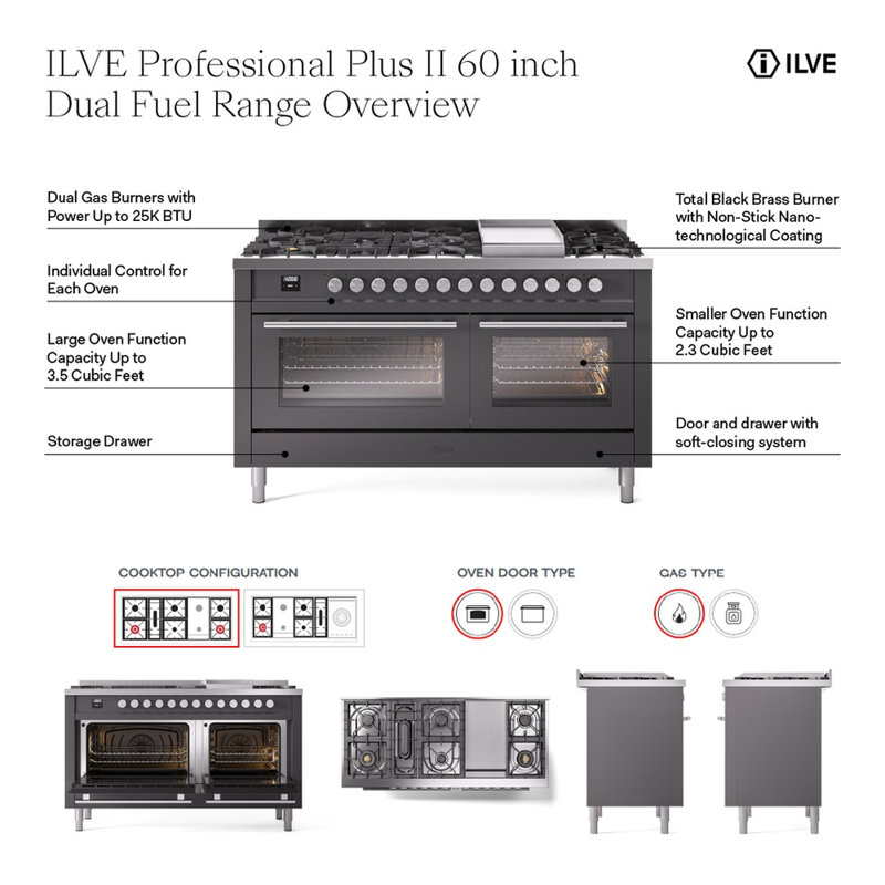 ILVE Professional Plus II 60 Dual Fuel Range , RAL Color, Natural Gas