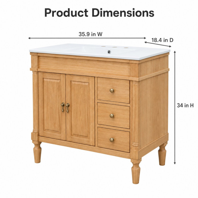 Meuble-lavabo de salle de bain de 91 cm (36 pouces) avec fini bois et pieds tournés