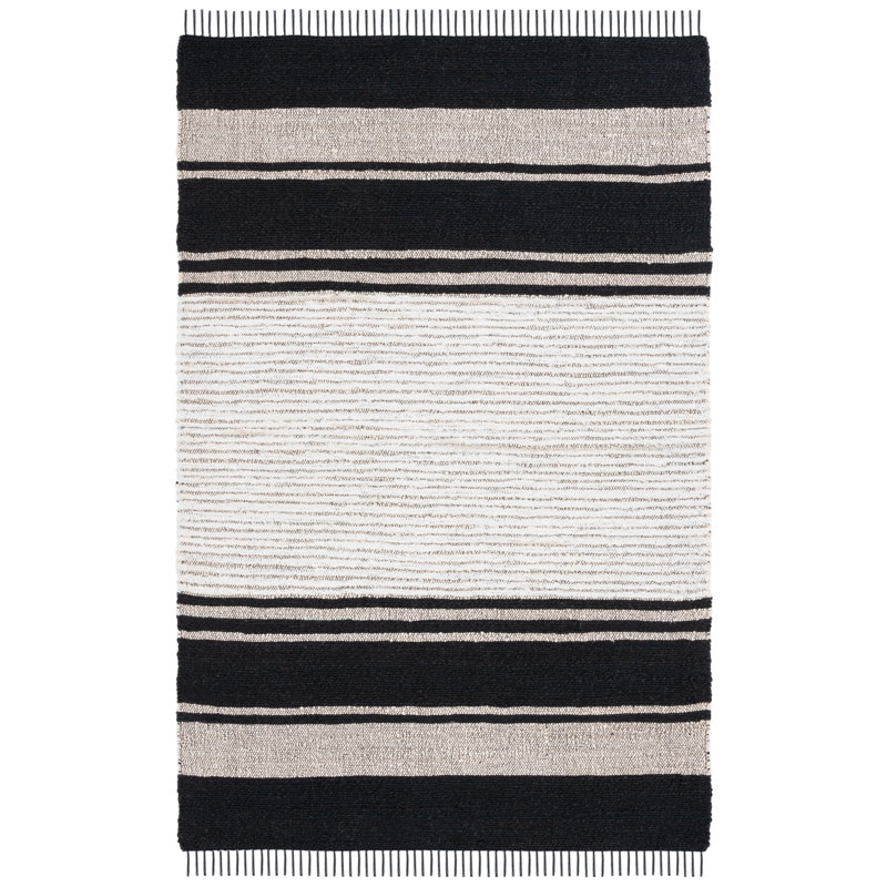 Pierceton Natural Fiber Hand Woven Cottn/Jute Striped Rug in Ivory/Black, Rectangle 3' x 5'