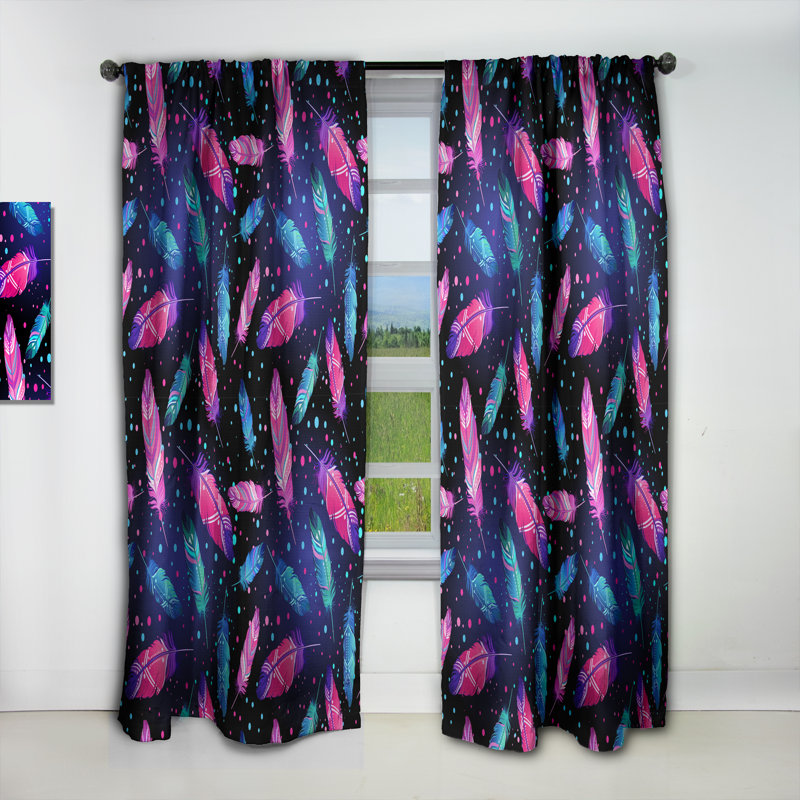 Panneau de rideau Southwestern, motif de plumes occultant - Motif avec plumes d'oiseaux peintes, L 52 po x L 108 po