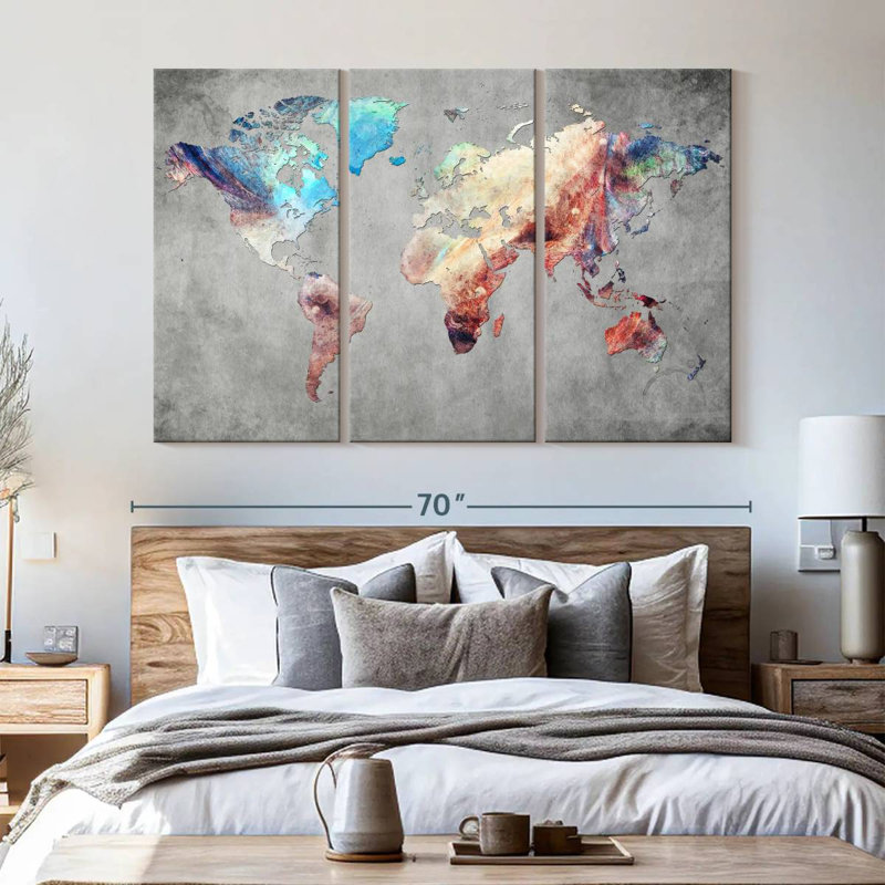 " Artistic Touch World Map " by Globetrotter Studio 3 - Pieces, 42" H x 65" W x 1.25" D