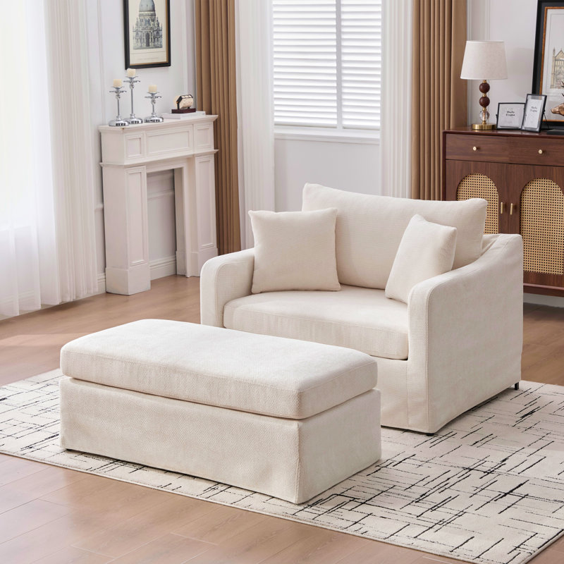 43.9" W Chenille Slipcovered Accent Armchair With Ottoman, Beige