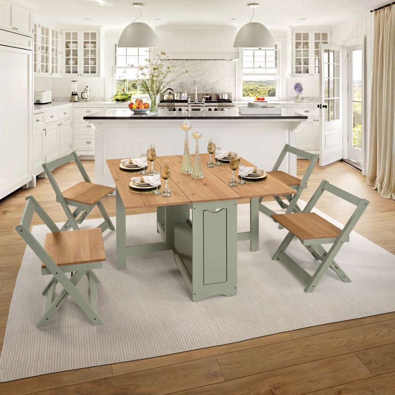 Portrain 5-Piece 45' W Space Saving Folding Dining Set with 4 Chairs, Solid Wood Drop Leaf Kitchen Table Set with Built-in Chair Storage Cabinet, Convertible Console Table for Small Spaces, Apartments & Balcony