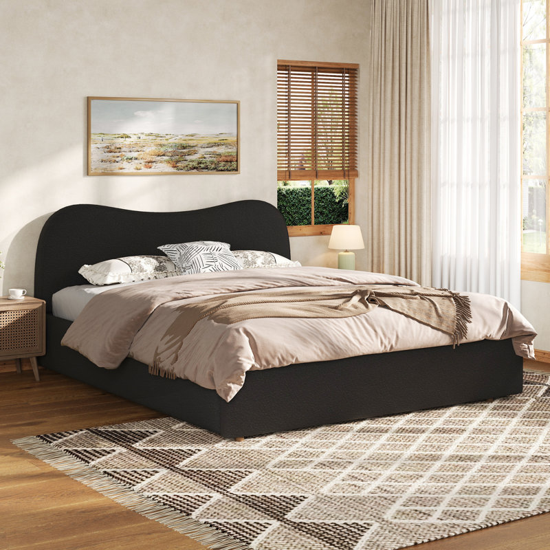 Très grand lit plateforme tapissier avec lattes en bois, élégant et confortable pour les chambres modernes, Black