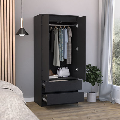 Armoire 2 tiroirs Austin, porte double, tringle