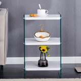 Three-tier bedside table: mdf top with white stickers, transparent tempered glass sides, simple design with storage (112 characters)