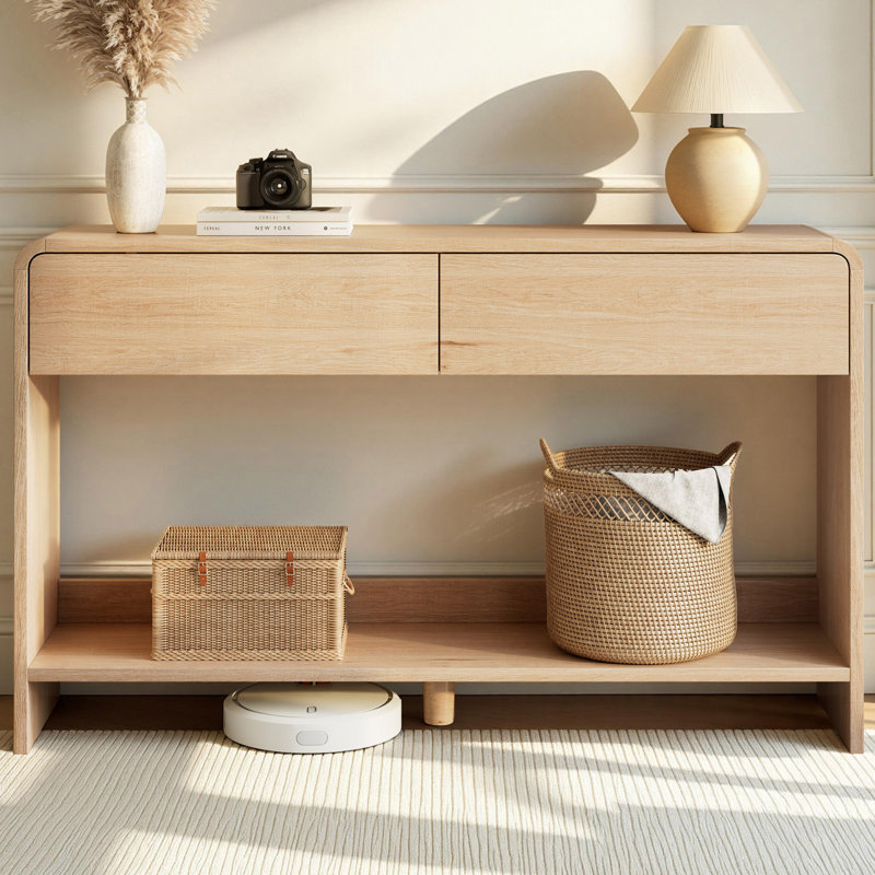 Console moderne Dulane 55 po avec 2 tiroirs, tablette ouverte, bords courbés, naturel, 55'', Natural