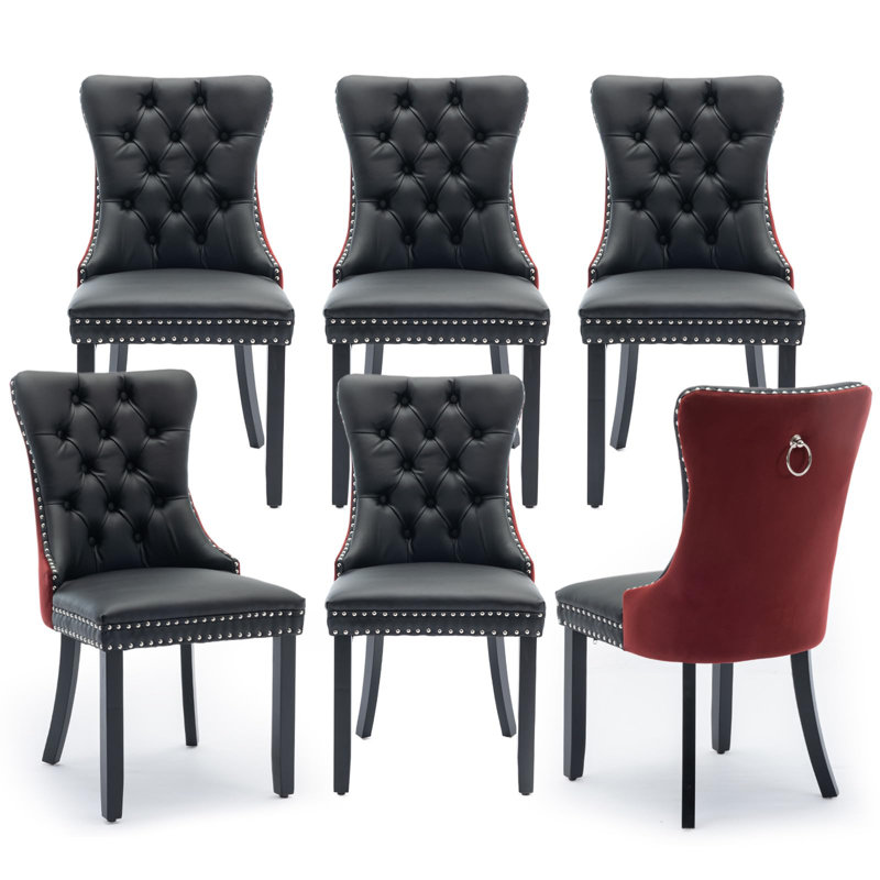Wine Velvet Tufted Upholstered Dining Chairs with Wood Legs, Set of 6