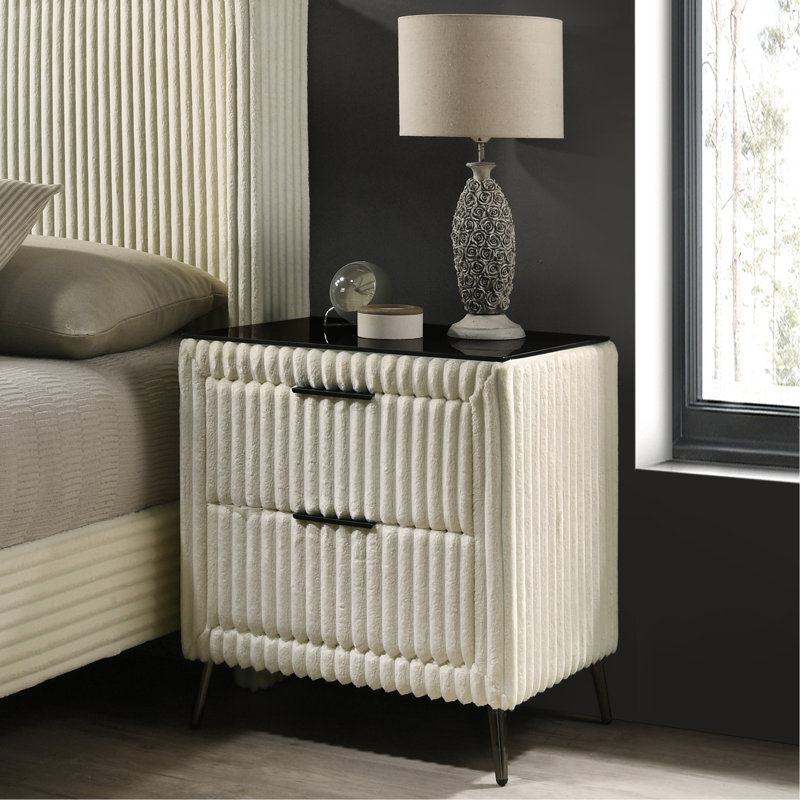 Table de chevet, revêtement en velours côtelé crème - rangement pour la chambre à coucher à 2 tiroirs