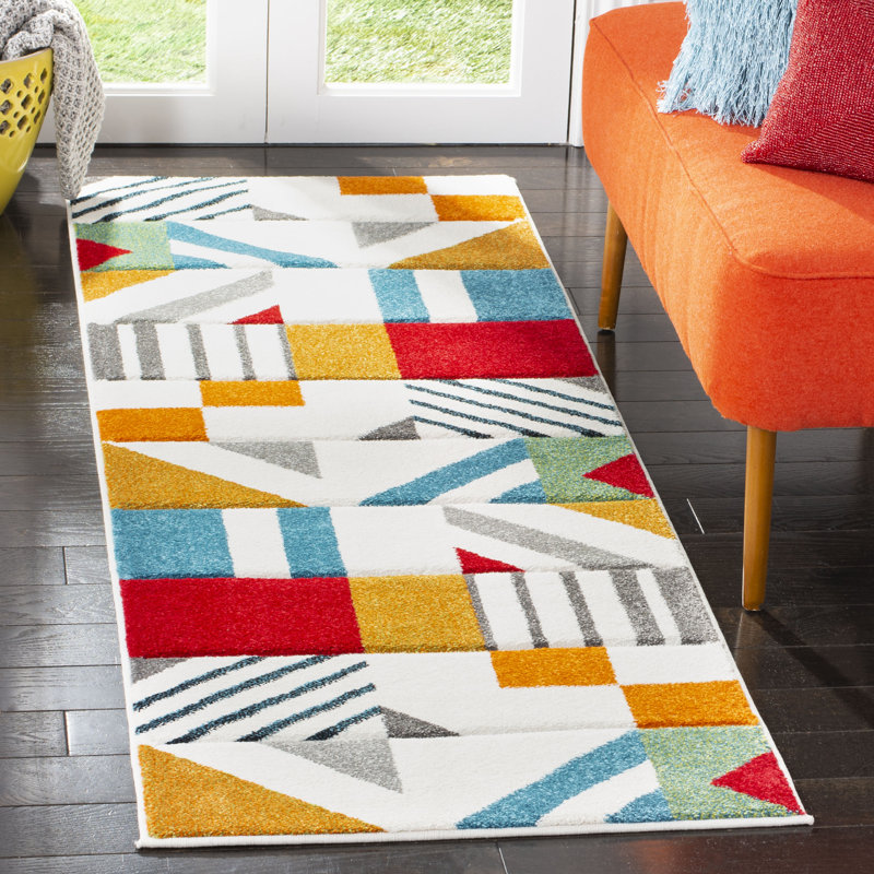 Garima Geometric Ivory/Peacock Blue Area Rug, Runner 2'3" x 6'