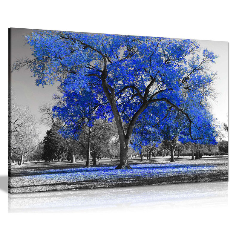 Large Tree Leaves Black White - Wrapped Canvas Print, Blue, 61cm H x 91cm W