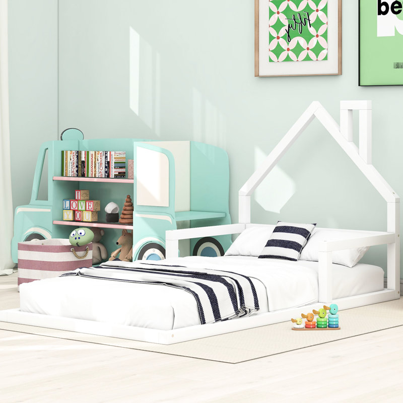Lit simple pour chambre à coucher avec tête de lit blanche en forme de maison - Tête de lit en bois à utilisation à long terme, pin massif et bois massif, splendide