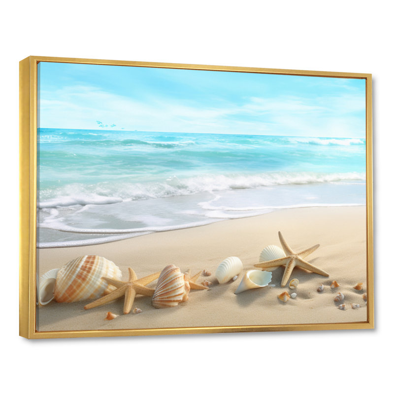Étoile de mer et coquillages III - impression, H 16 po x l 32 po x P 1 po, Cadre flottant doré